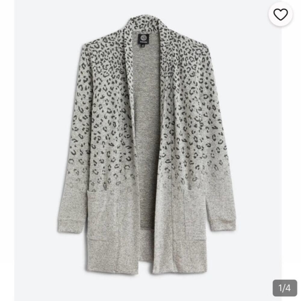 Babeau Jemmy Brushed Open Pocket Cardigan Cozy Leopard Sweater Small Gray